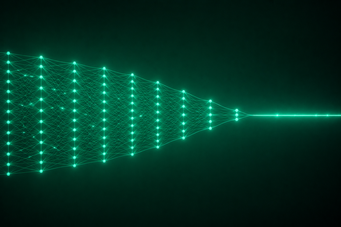 Abstract green glowing neural network converging into a single signal line.