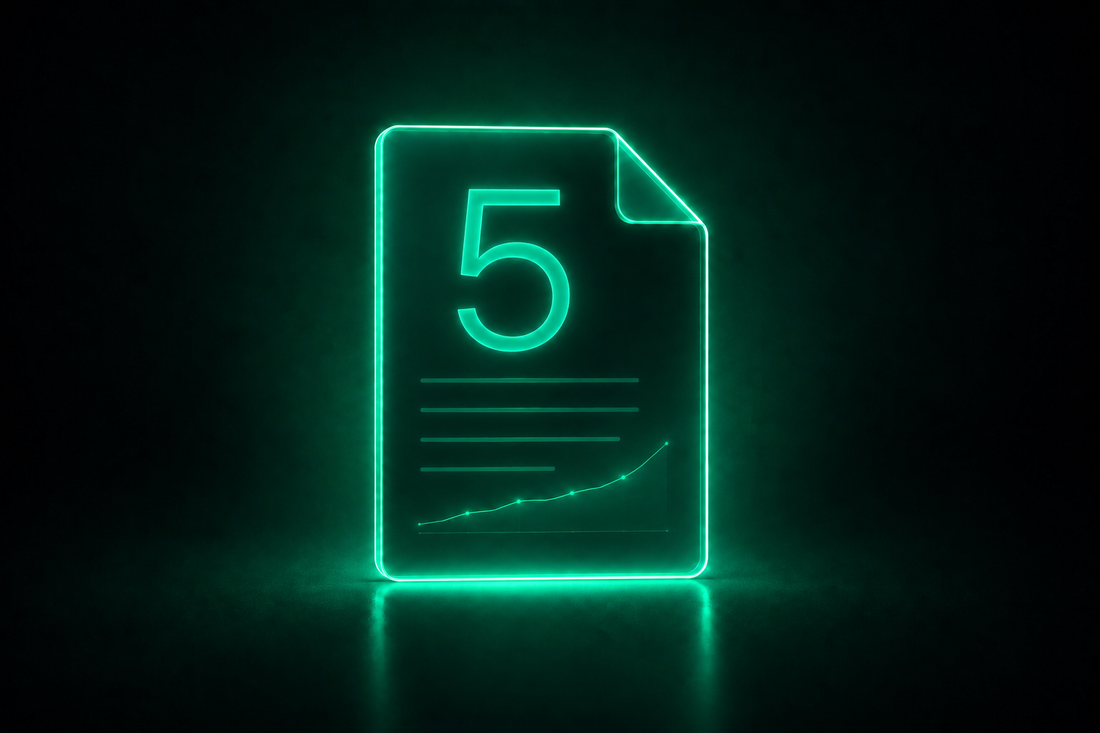 Glowing neon document marked 5 with a rising chart, representing an .ex5 export.