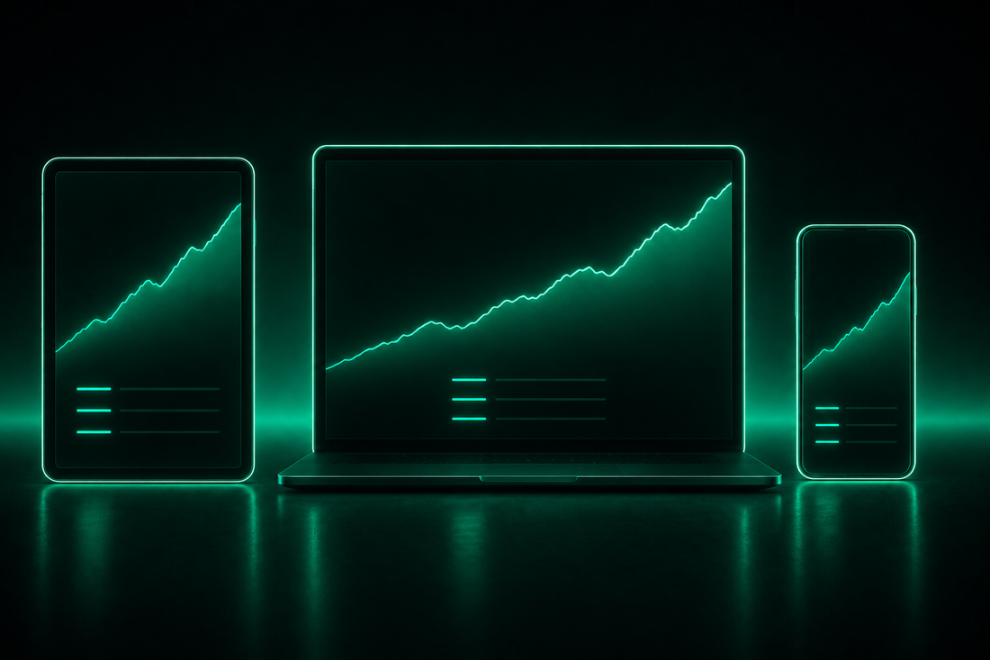 Tablet, laptop, and phone all showing the same rising equity curve.
